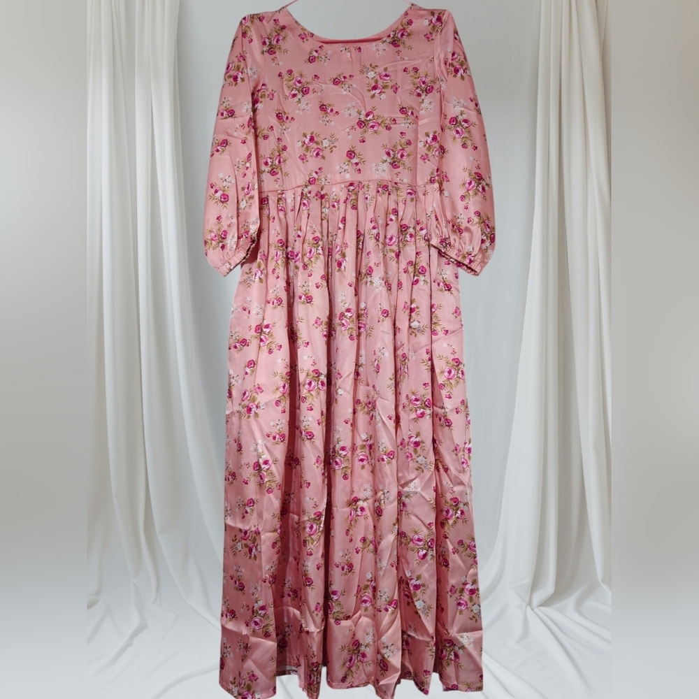 Silk Floral Dusky Peach Pink Women's Maxi Dress With Pleates